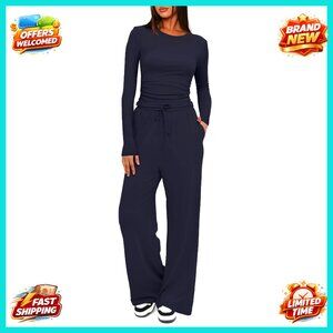 Women's Long Sleeve Top & Wide Leg Pants Lounge Set - Soft Stretch Fabric